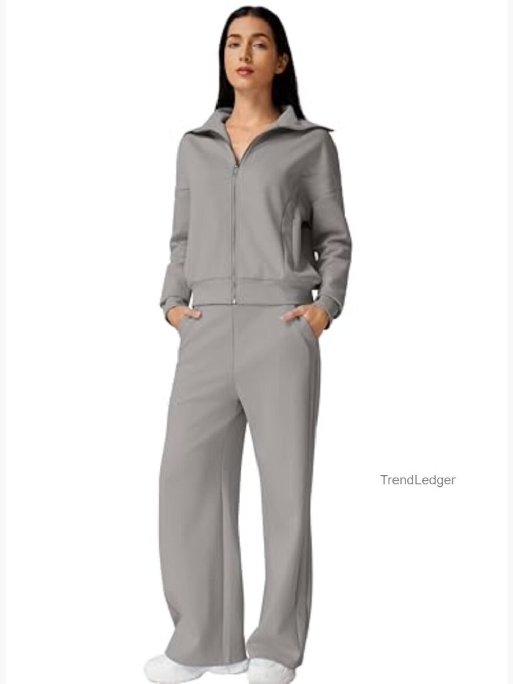 Women's 2 Piece Tracksuit Set Long Sleeve Zip Up Sweatshirt Wide Leg Pants - Picture 4 of 7